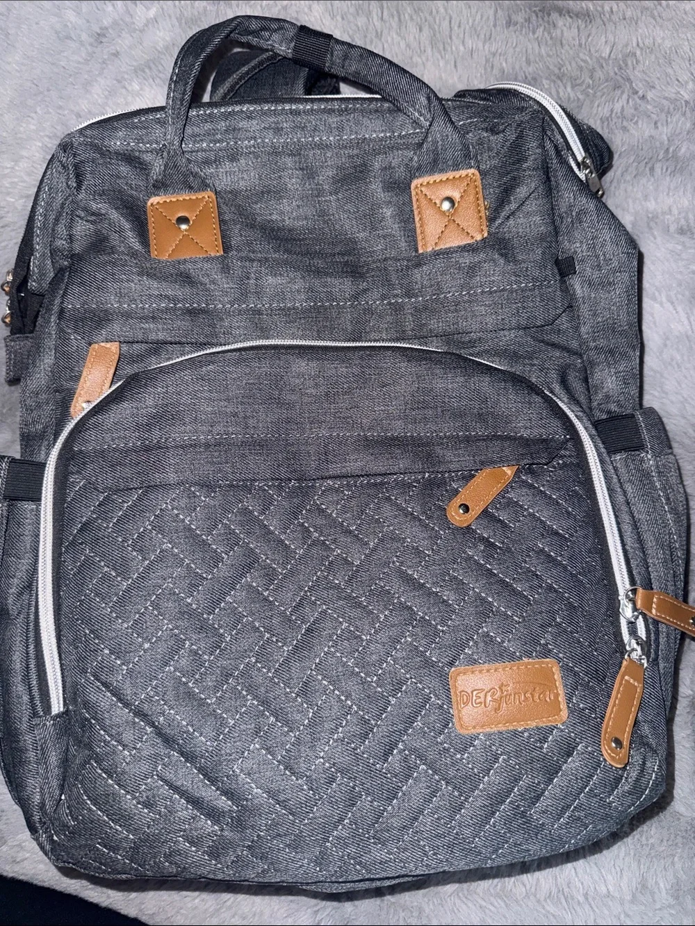 Der junstar Diaper bag Grey Quilted Backpack with Tan Accents